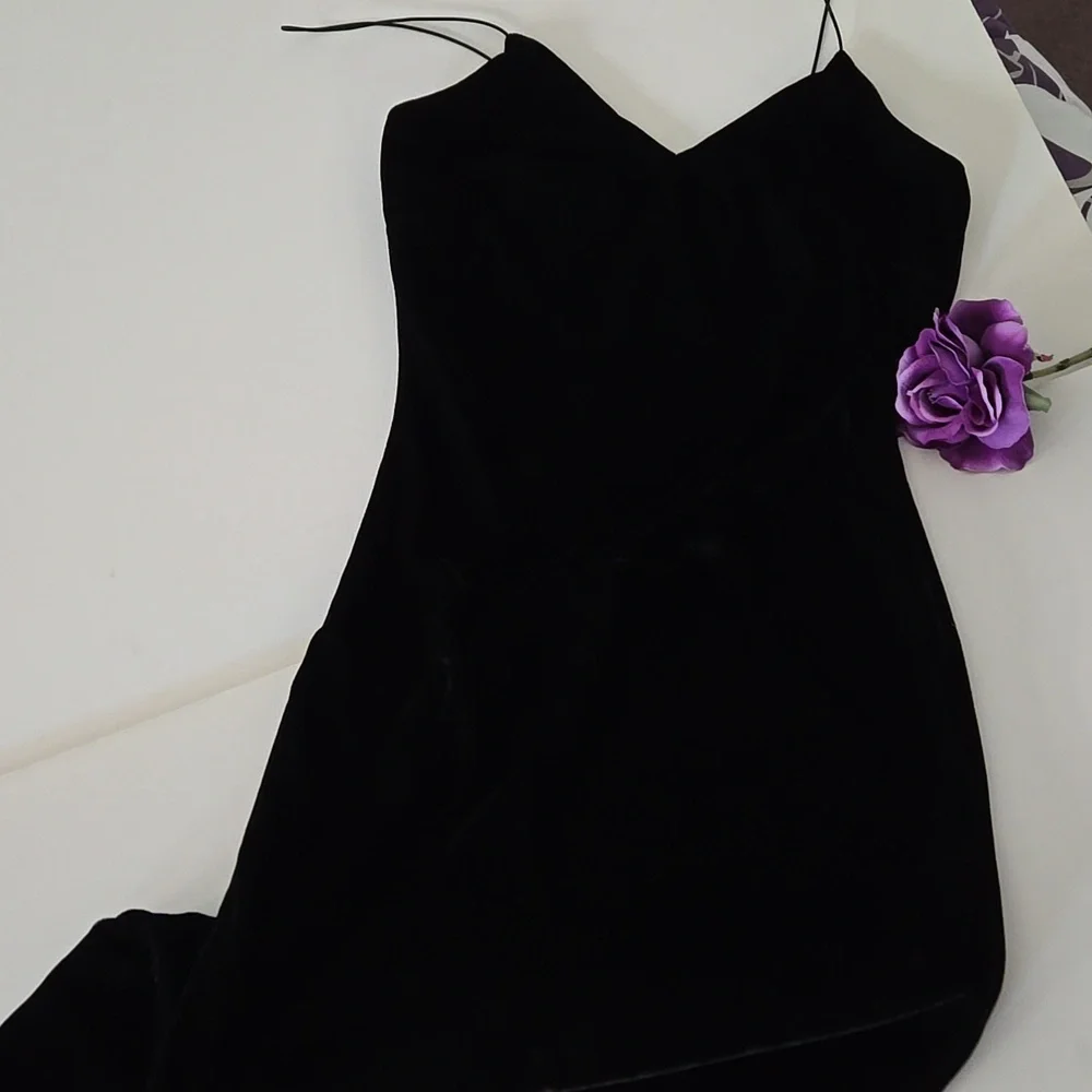 Black Velvet Midi Slip Dress Small | Stretchy Lined Bodycon by The Vintage Shop - Picture 5 of 9